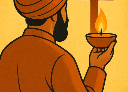 Sikh man at diwali looking at cross