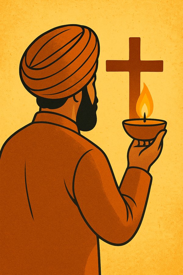 Sikh man at diwali looking at cross